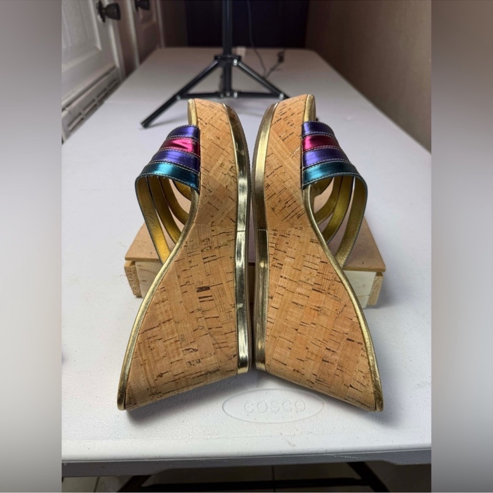 Prada Women's Multi Metallic Rainbow
Cork Wedge Sandals Sz 40 / US 10 - Picture 10 of 14